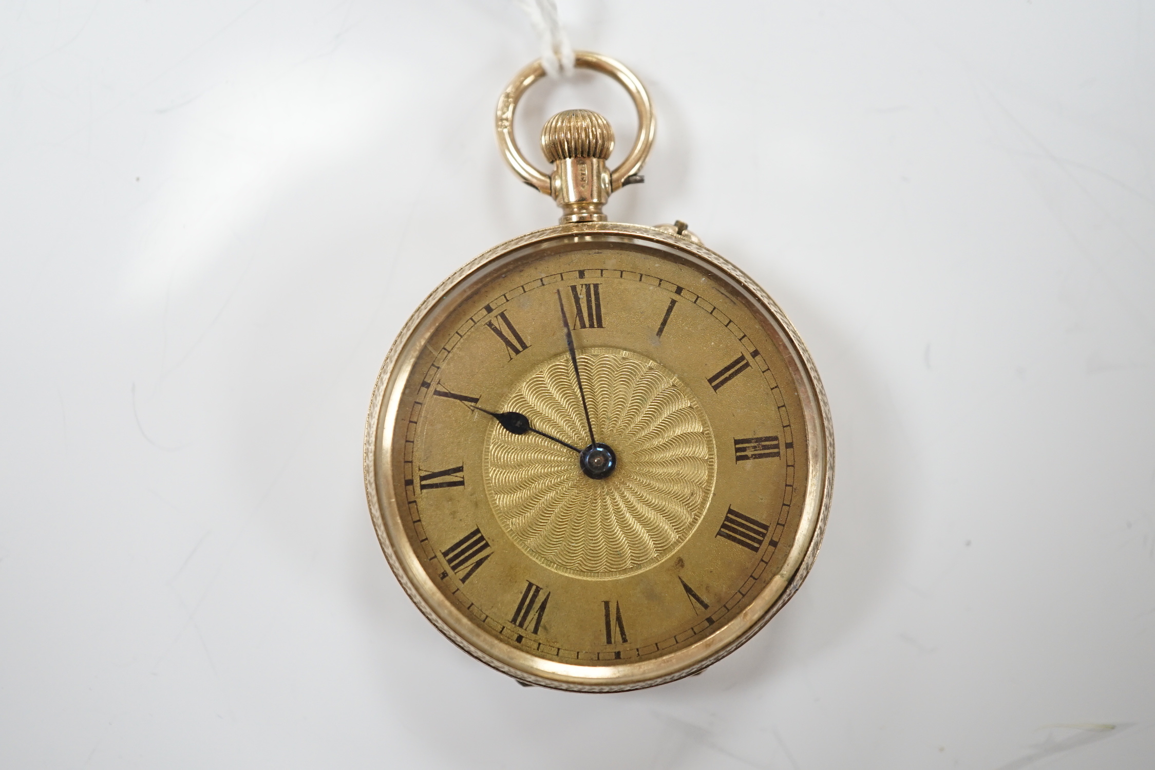 A Swiss 9ct gold open face fob watch, with Roman dial, glass loose, gross weight 26.3 grams.